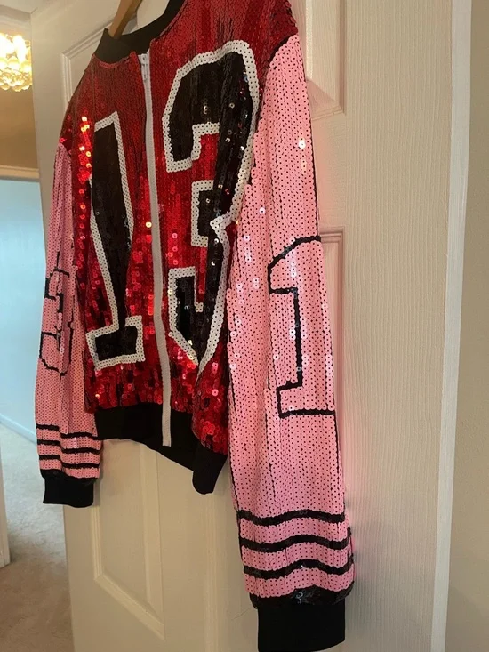 Sequin Bomber Jacket with '13' Graphic - Red & Pink - Picture 3 of 3